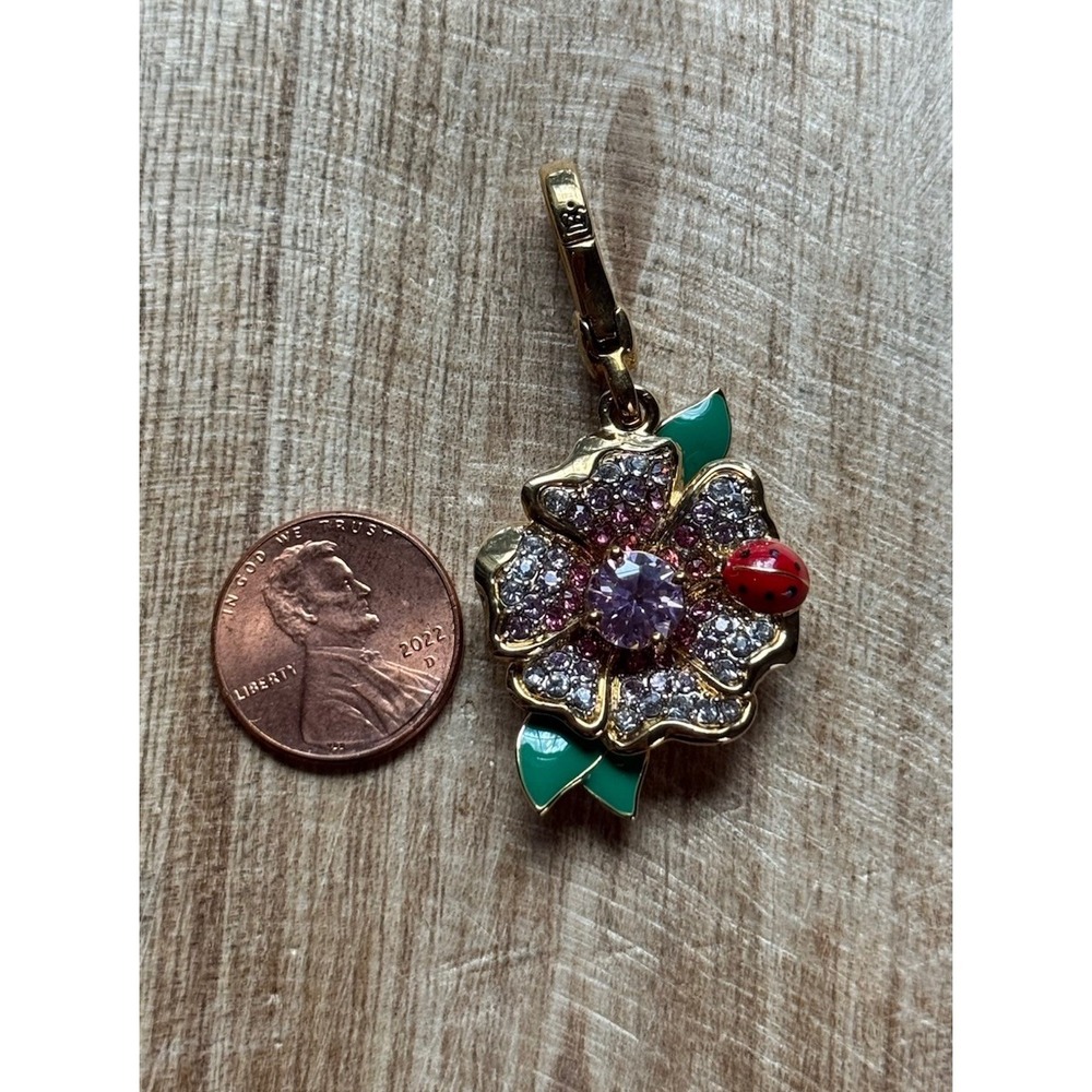 Juicy‎ Couture Pink Pavé  Crystal Flower Charm Lady Bug Gold Plated Signed - Picture 3 of 3